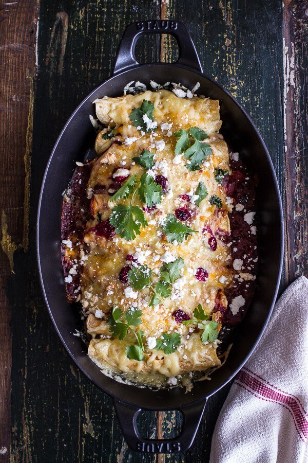 Brown sugar roasted chicken enchiladas w/fire roasted tomatillo-cranberry sauce