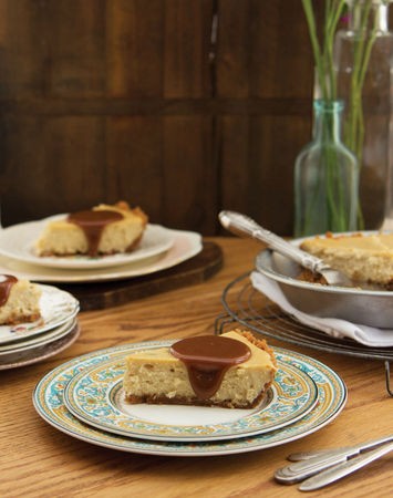 Brown sugar-rosemary cheesecake with bourbon-burnt caramel sauce