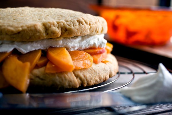 Brown sugar shortcake with warm bourbon peaches