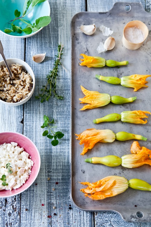 Brown wild rice & feta stuffed squash blossoms