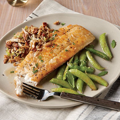 Browned butter flounder with lemon snap peas