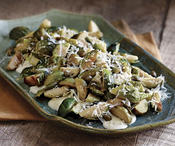 Browned-butter seared Brussels sprouts with cauliflower cream