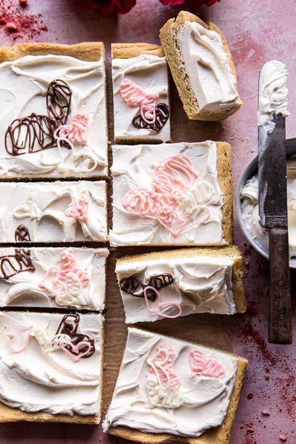 Browned butter sugar cookie bars with white chocolate frosting