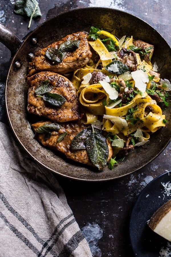 Browned sage butter chicken piccata with mushroom pasta