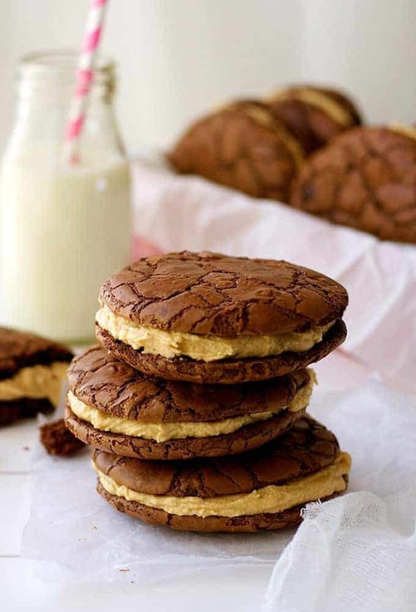 Brownie cookie sandwich with peanut butter frosting