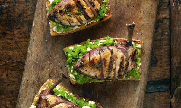 Bruce Poole’s grilled pigeon with ricotta, broad bean and mint bruschetta