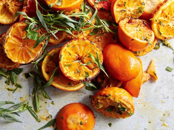 Brûléed citrus fruits with fresh herbs