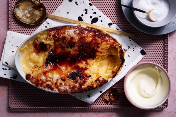 Bruleed lemon, lime and bitters self-saucing pudding
