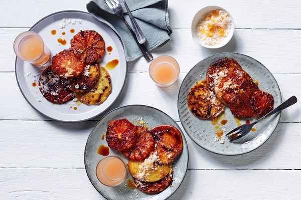 Bruleed pancakes with ruby grapefruit