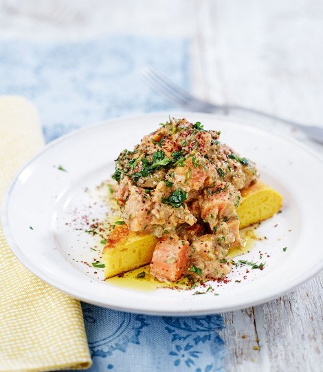 Bruno's root vegetable, smoked aubergine and walnut ragoût with gram flour pancake
