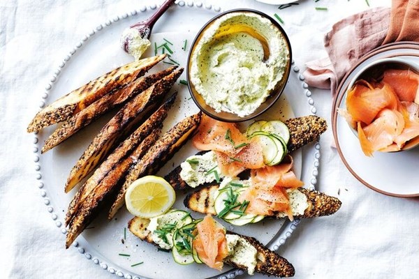 Bruschetta, butter-braised zucchini and smoked salmon