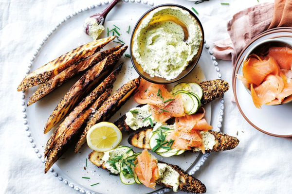 Bruschetta, butter-braised zucchini and smoked salmon