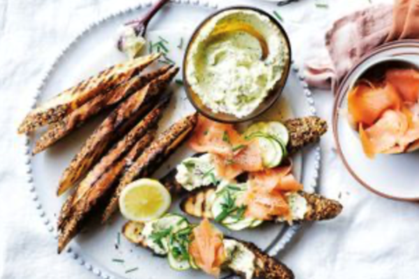Bruschetta, butter-braised zucchini and smoked salmon