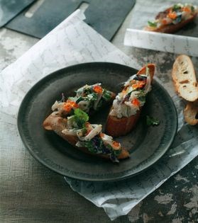 Bruschetta of raw silver trevally with shiso, preserved lemon & miso ranch dressing