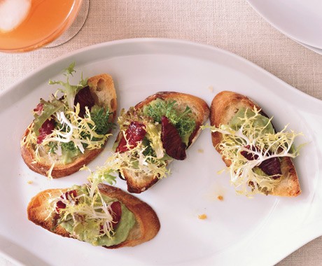 Bruschetta with fava beans, greens, and blood oranges