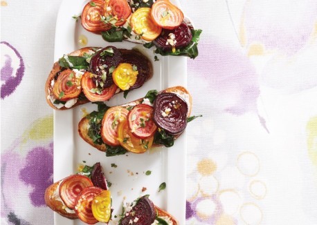 Bruschetta with quick-roasted beets and garlic-wilted beet greens