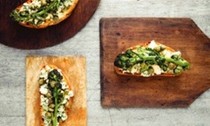 Bruschetta with Stichelton, purple sprouting broccoli and capers