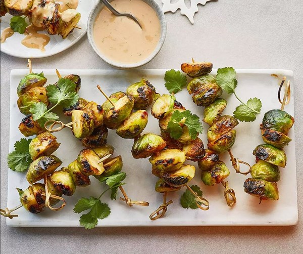  Brussels skewers with peanut sauce