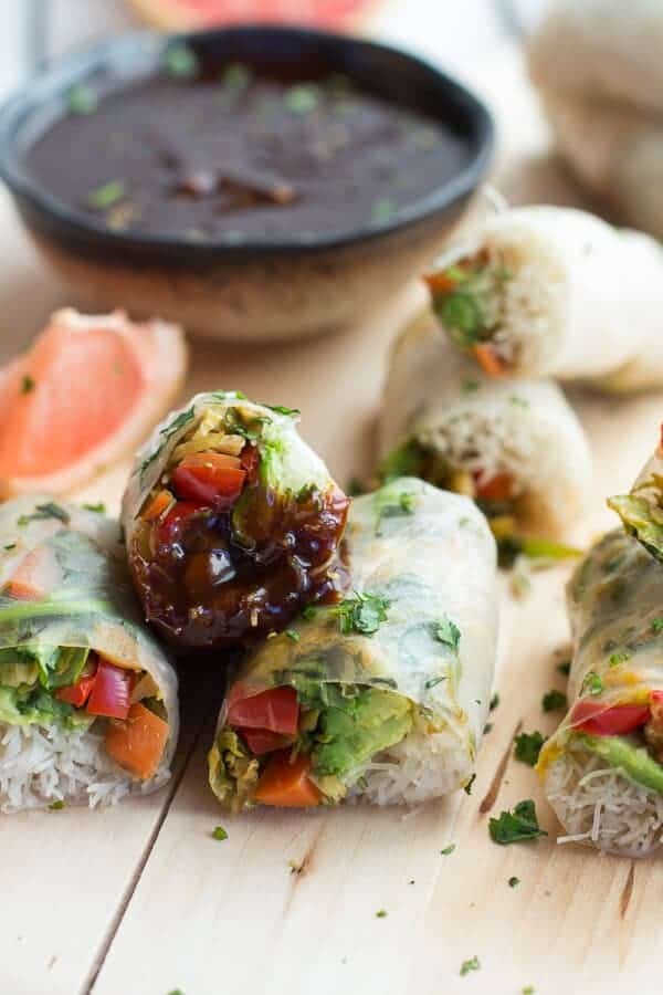 Brussels sprout + avocado winter rolls with grapefruit hoisin dipping sauce