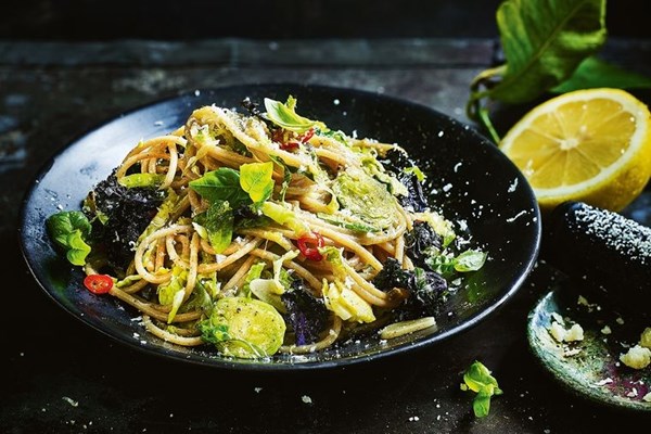 Brussels sprout, anchovy, lemon & caper spaghetti