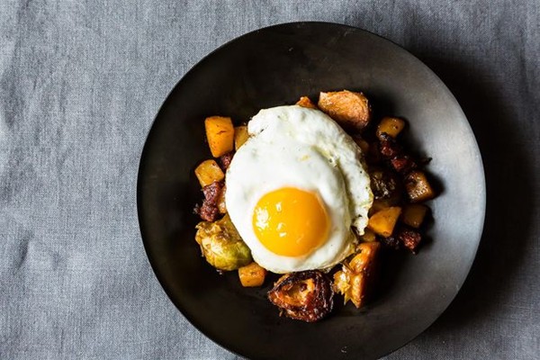 Brussels sprout and chorizo beer hash