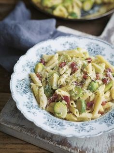 Brussels sprout and pancetta pasta with sage and roast garlic cream