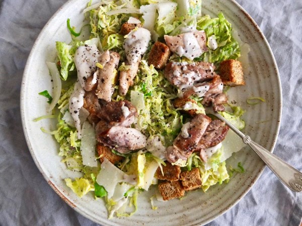 Brussels sprout Caesar salad with chicken