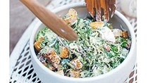 Brussels sprout Caesar with croutons, borlotti beans and sunflower seeds
