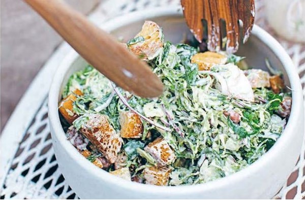 Brussels sprout Caesar with croutons, borlotti beans and sunflower seeds