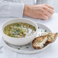 Brussels sprout, chick pea and lemon soup with sourdough toasts