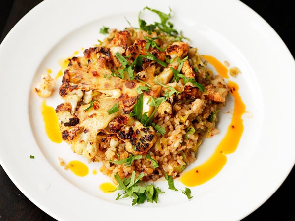 Brussels sprout fried rice with crispy cauliflower