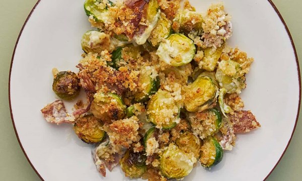 Brussels sprout gratin with fennel and fennel salami
