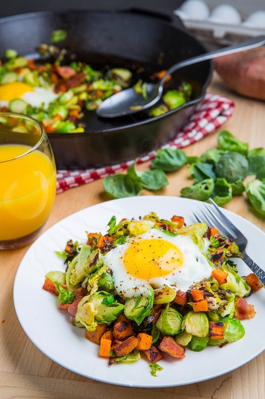 Brussels sprout hash with sweet potato and bacon