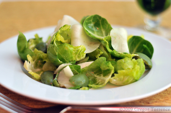 Brussels sprout leaf, Jerusalem artichoke & Castelvetrano olive salad with Meyer lemon vinaigrette 