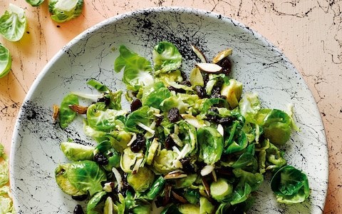 Brussels sprout leaves with raisins, almonds and sherry