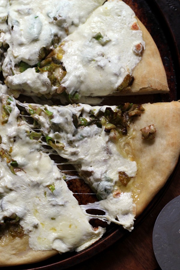 Brussels sprout, lemon, and jalapeno pizza