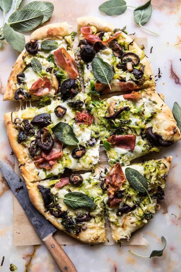 Brussels sprout mushroom pizza with crispy prosciutto and sage