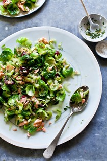 Brussels sprout salad with hot smoked salmon & cherries