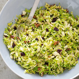 Brussels sprout salad with smoked Gouda, pecans, and dried cherries