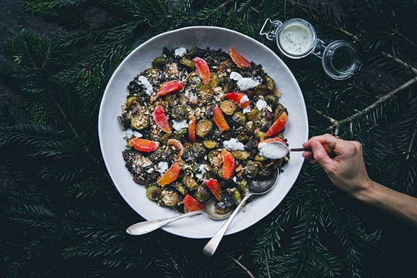 Brussels sprouts & blood orange salad with cinnamon & hazelnut dust