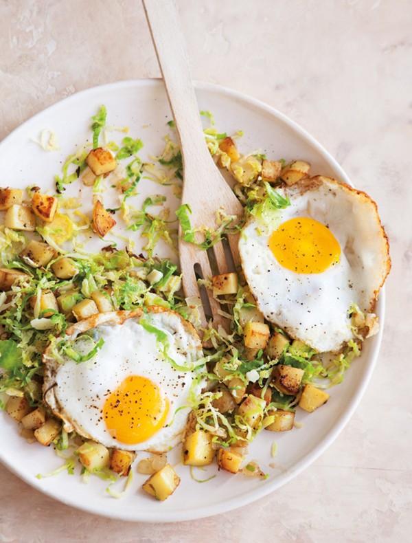 Brussels sprouts & potato hash with fried eggs