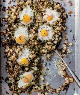 Brussels sprouts & potato hash with baked eggs