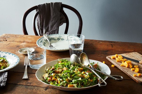 Brussels sprouts and apple salad with cheddar and rye breadcrumbs