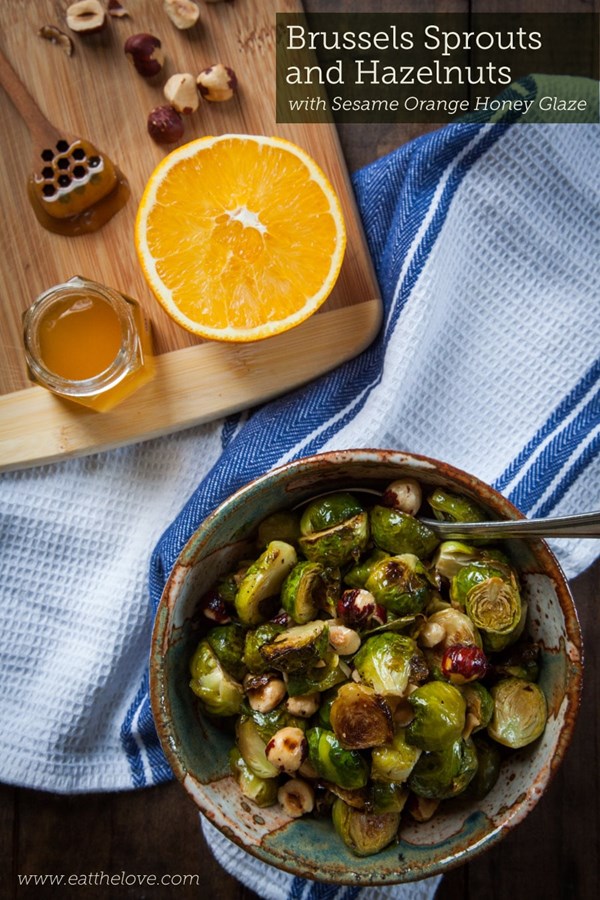 Brussels sprouts and hazelnuts in a sesame orange honey glaze