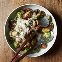 Brussels sprouts and pecans with cheese and maple dressing