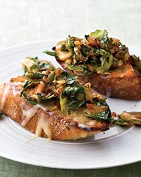 Brussels sprouts and smoky onions on cheddar toast