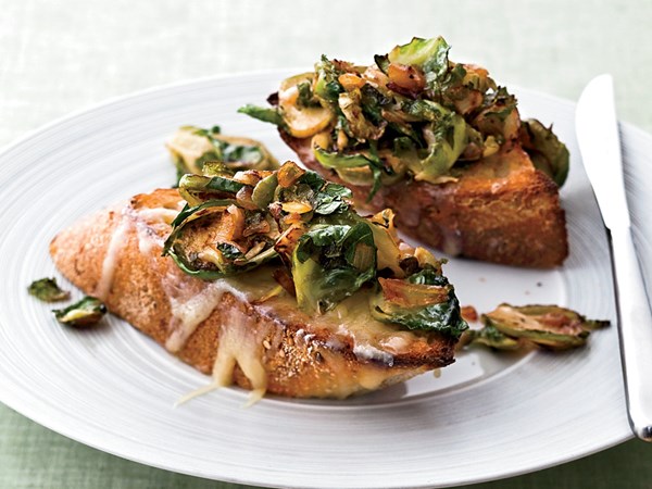 Brussels sprouts and smoky onions on cheddar toast