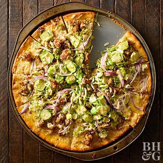 Brussels sprouts and spicy fennel sausage pizza 