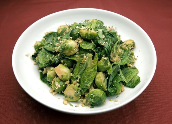 Brussels sprouts and sprout tops, miso butter, crispy shallots