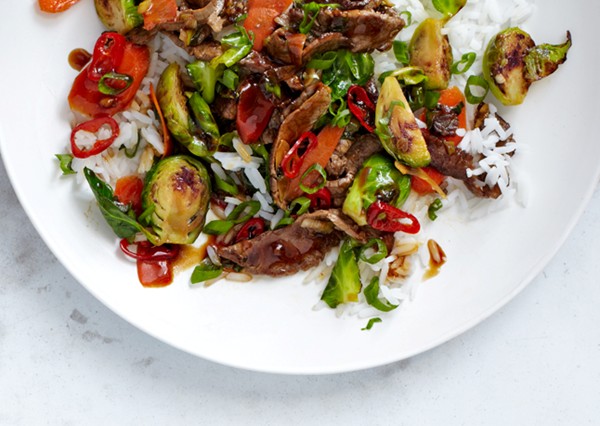 Brussels sprouts and steak stir-fry